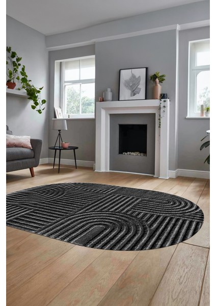 Baskılı Kaymaz Taban Yıkanabilir Sade Desen Oval Yolluk Mutfak Salon Halısı, O-Sade-01-Antrasit, fırsatları