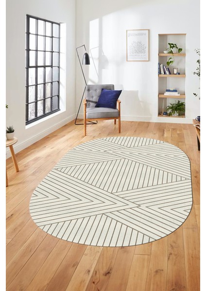 Baskılı Kaymaz Taban Yıkanabilir Çizgili Desen Oval Yolluk Mutfak Salon Halısı, O-Sade-08-Krem,