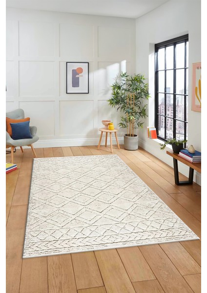 3D Dijital Kaymaz Taban Yıkanabilir Kilim Desen Yolluk Mutfak Salon Halısı Sade-05-Krem