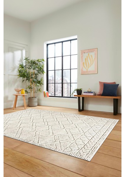 3D Dijital Kaymaz Taban Yıkanabilir Kilim Desen Yolluk Mutfak Salon Halısı Sade-05-Krem