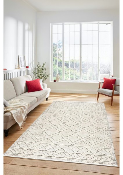 3D Dijital Kaymaz Taban Yıkanabilir Kilim Desen Yolluk Mutfak Salon Halısı Sade-05-Krem