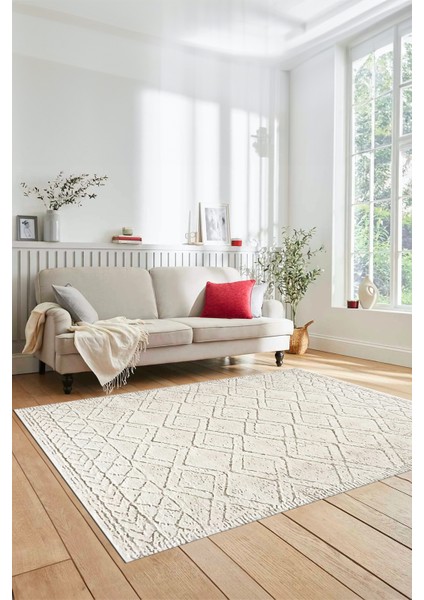 3D Dijital Kaymaz Taban Yıkanabilir Kilim Desen Yolluk Mutfak Salon Halısı Sade-05-Krem