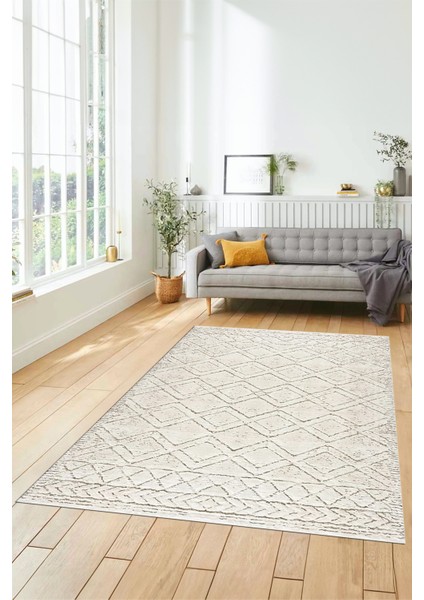 3D Dijital Kaymaz Taban Yıkanabilir Kilim Desen Yolluk Mutfak Salon Halısı Sade-05-Krem