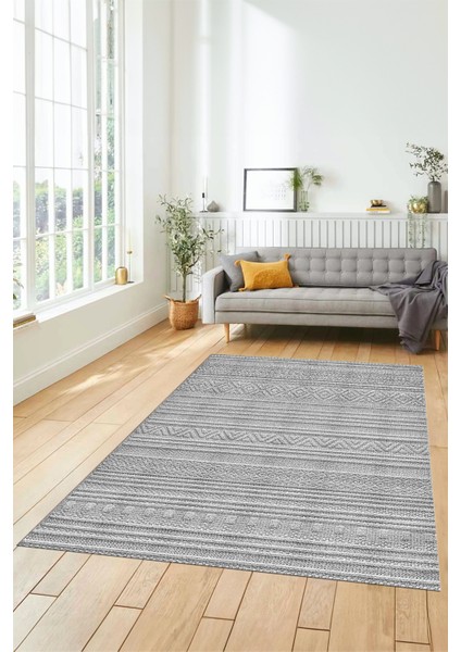 Kilim Desenli Sade Motifli Kaymaz Taban Yıkanabilir Yolluk Salon Halısı, Sade-30-Gri,