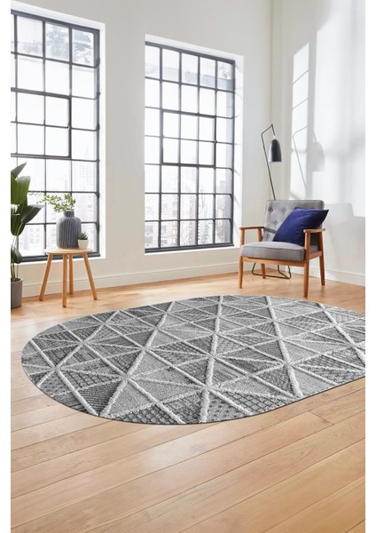 3D Baskılı Kaymaz Taban Yıkanabilir Sade Motifli Oval Yolluk Mutfak Salon Halısı, O-Sade-12-Gri,