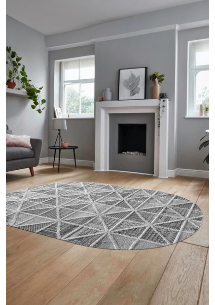 3D Baskılı Kaymaz Taban Yıkanabilir Sade Motifli Oval Yolluk Mutfak Salon Halısı, O-Sade-12-Gri, modelleri