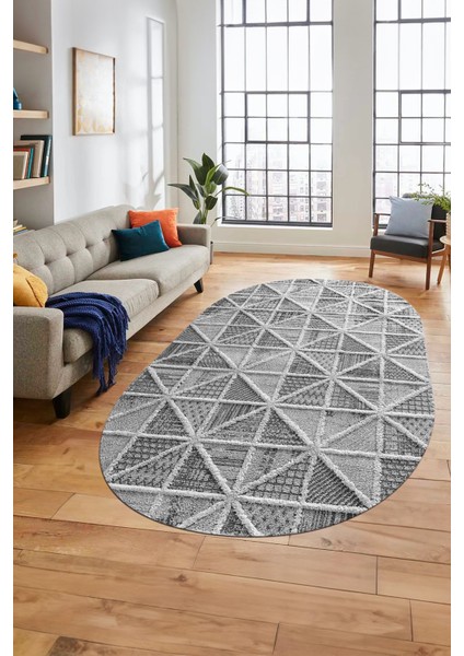 3D Baskılı Kaymaz Taban Yıkanabilir Sade Motifli Oval Yolluk Mutfak Salon Halısı, O-Sade-12-Gri, fırsatları