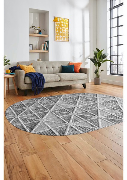 3D Baskılı Kaymaz Taban Yıkanabilir Sade Motifli Oval Yolluk Mutfak Salon Halısı, O-Sade-12-Gri, indirimleri