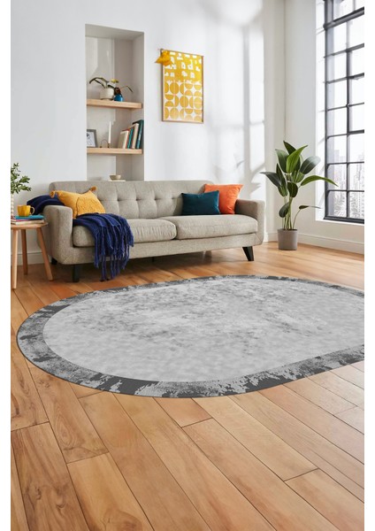 Düz Renk Sade Desen Çerçeveli Kaymaz Taban Yıkanabilir Oval Yolluk Salon Halısı, O-Sade-36-Gri,