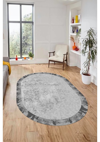 Düz Renk Sade Desen Çerçeveli Kaymaz Taban Yıkanabilir Oval Yolluk Salon Halısı, O-Sade-36-Gri, fiyatları