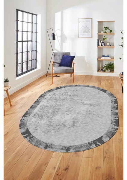Düz Renk Sade Desen Çerçeveli Kaymaz Taban Yıkanabilir Oval Yolluk Salon Halısı, O-Sade-36-Gri, fırsatları
