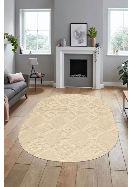 Baskılı Kaymaz Taban Yıkanabilir Şık Kilim Desen Oval Yolluk Mutfak Salon Halısı, O-Sade-03-Bej, modelleri