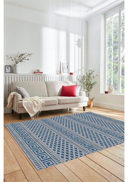 Kilim Desenli Dijital Kaymaz Yıkanabilir Sade Yolluk Mutfak Koridor Salon Halısı, Sade-21-Mavi,