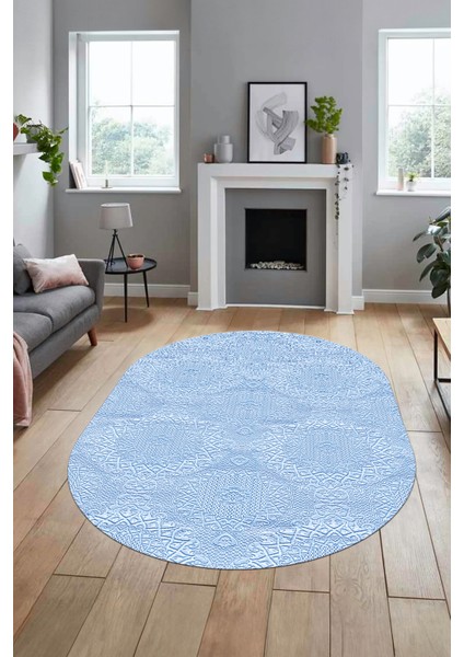 Baskılı Kaymaz Taban Yıkanabilir Sade Düz Renk Oval Yolluk Mutfak Salon Halısı, O-Sade-15-Mavi,