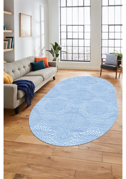 Baskılı Kaymaz Taban Yıkanabilir Sade Düz Renk Oval Yolluk Mutfak Salon Halısı, O-Sade-15-Mavi, modelleri