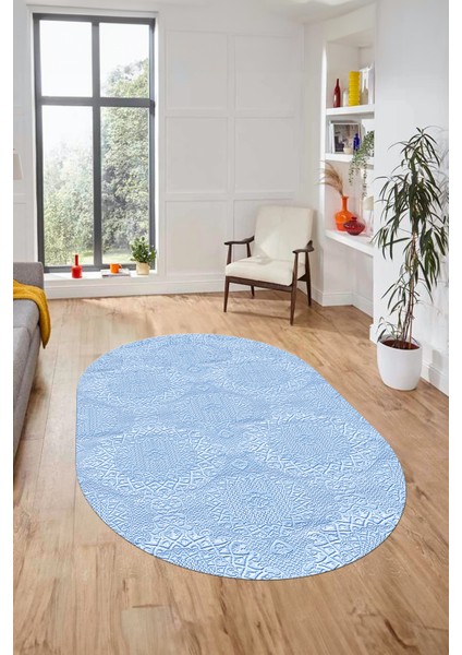 Baskılı Kaymaz Taban Yıkanabilir Sade Düz Renk Oval Yolluk Mutfak Salon Halısı, O-Sade-15-Mavi, indirimleri