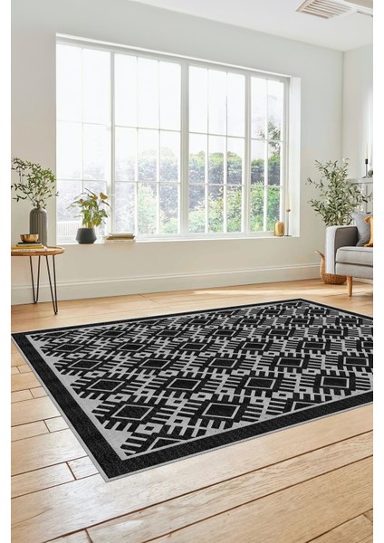 Kilim Desenli Dijital Kaymaz Yıkanabilir Sade Yolluk Mutfak Koridor Salon Halısı, Sade-19-Siyah,