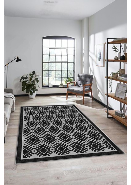 Kilim Desenli Dijital Kaymaz Yıkanabilir Sade Yolluk Mutfak Koridor Salon Halısı, Sade-19-Siyah,
