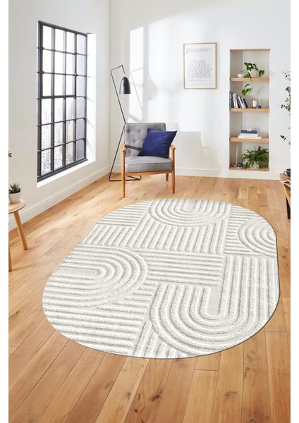 Baskılı Kaymaz Taban Yıkanabilir Sade Desen Oval Yolluk Mutfak Salon Halısı, O-Sade-01-Krem,