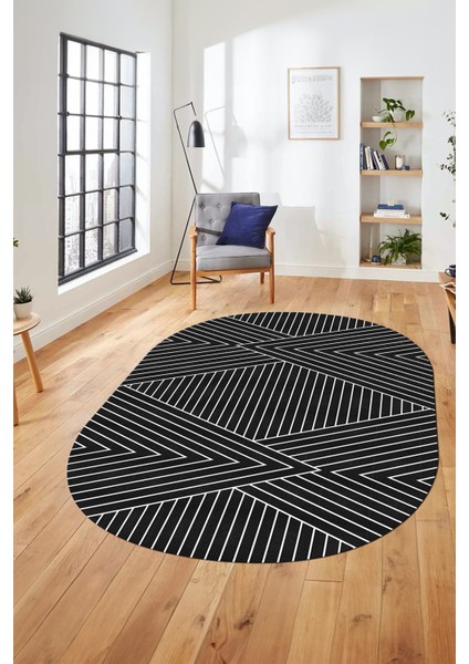 Baskılı Kaymaz Taban Yıkanabilir Çizgili Desen Oval Yolluk Mutfak Salon Halısı, O-Sade-08-Antrasit,