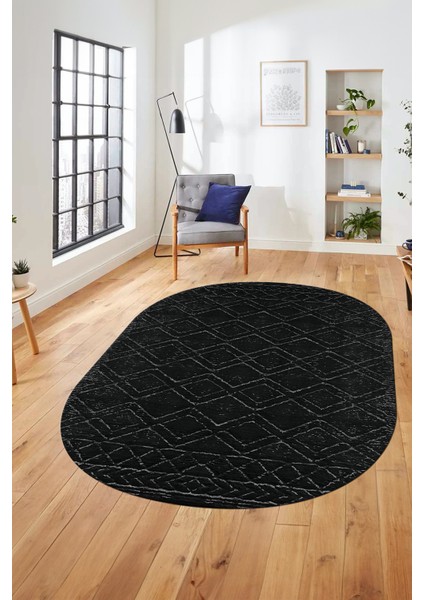 3D Baskılı Kaymaz Taban Yıkanabilir Kilim Desen Oval Yolluk Mutfak Salon Halısı, O-Sade-05-Antrasit,