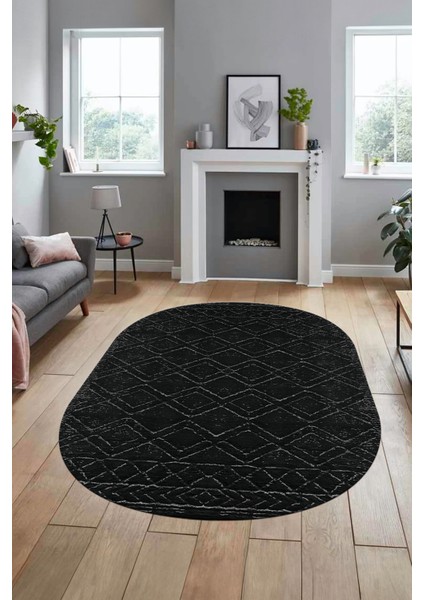 3D Baskılı Kaymaz Taban Yıkanabilir Kilim Desen Oval Yolluk Mutfak Salon Halısı, O-Sade-05-Antrasit,
