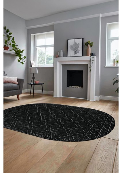 3D Baskılı Kaymaz Taban Yıkanabilir Kilim Desen Oval Yolluk Mutfak Salon Halısı, O-Sade-05-Antrasit,