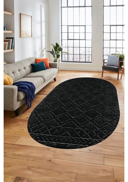 3D Baskılı Kaymaz Taban Yıkanabilir Kilim Desen Oval Yolluk Mutfak Salon Halısı, O-Sade-05-Antrasit,