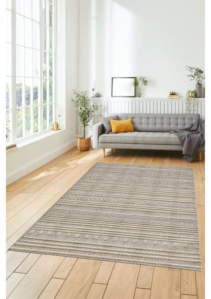 Kilim Desenli Sade Motifli Kaymaz Taban Yıkanabilir Yolluk Salon Halısı, Sade-30-Bej,