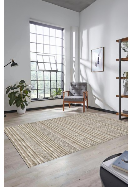 Kilim Desenli Sade Motifli Kaymaz Taban Yıkanabilir Yolluk Salon Halısı, Sade-30-Bej,