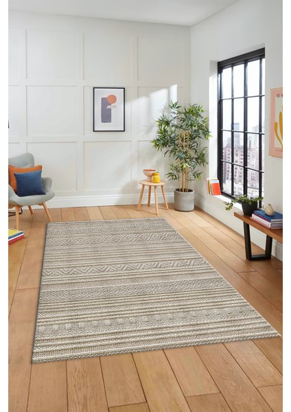 Kilim Desenli Sade Motifli Kaymaz Taban Yıkanabilir Yolluk Salon Halısı, Sade-30-Bej,