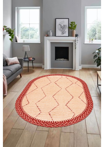 Baskılı Kaymaz Taban Yıkanabilir Sade Kilim Desen Oval Yolluk Salon Halısı, O-Sade-17-Kırmızı,