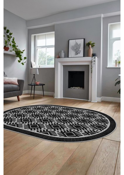 Kilim Desenli Dijital Kaymaz Yıkanabilir Sade Oval Yolluk Koridor Salon Halısı, O-Sade-19-Siyah,