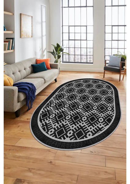 Kilim Desenli Dijital Kaymaz Yıkanabilir Sade Oval Yolluk Koridor Salon Halısı, O-Sade-19-Siyah,