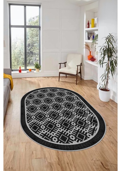 Kilim Desenli Dijital Kaymaz Yıkanabilir Sade Oval Yolluk Koridor Salon Halısı, O-Sade-19-Siyah,