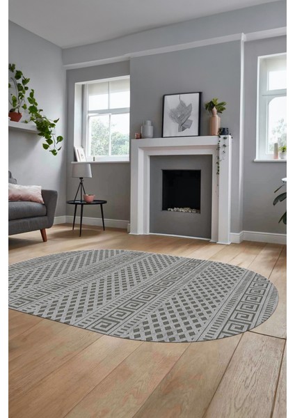 Kilim Desenli Dijital Kaymaz Yıkanabilir Sade Oval Yolluk Koridor Salon Halısı, O-Sade-21-Gri,