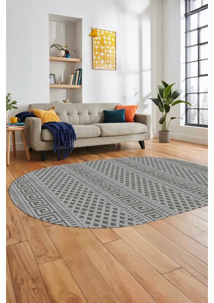 Kilim Desenli Dijital Kaymaz Yıkanabilir Sade Oval Yolluk Koridor Salon Halısı, O-Sade-21-Gri,