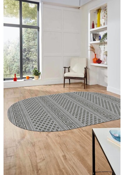 Kilim Desenli Dijital Kaymaz Yıkanabilir Sade Oval Yolluk Koridor Salon Halısı, O-Sade-21-Gri,