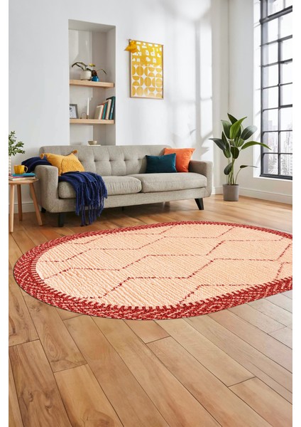 Baskılı Kaymaz Taban Yıkanabilir Sade Kilim Desen Oval Yolluk Salon Halısı, O-Sade-17-Kırmızı, fırsatları
