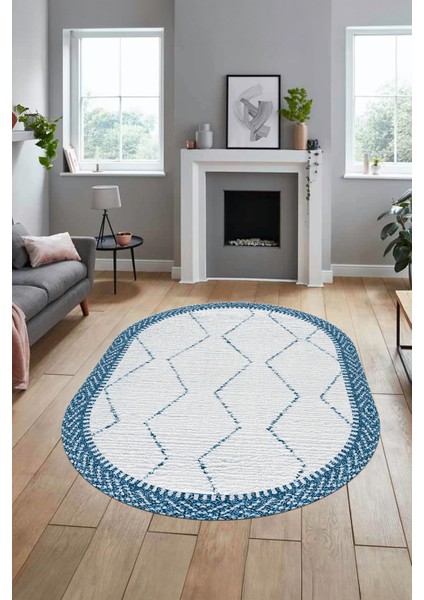 Baskılı Kaymaz Taban Yıkanabilir Sade Kilim Desen Oval Yolluk Salon Halısı, O-Sade-17-Mavi,