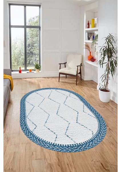 Baskılı Kaymaz Taban Yıkanabilir Sade Kilim Desen Oval Yolluk Salon Halısı, O-Sade-17-Mavi, indirimleri