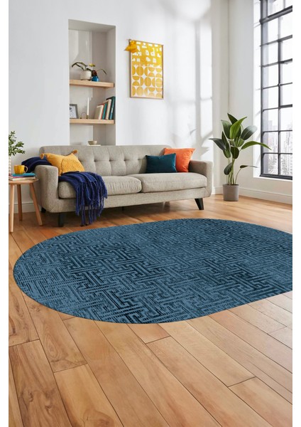 Dijital Baskı Kaymaz Yıkanabilir Sade Düz Desen Oval Yolluk Mutfak Salon Halısı, O-Sade-38-Mavi,