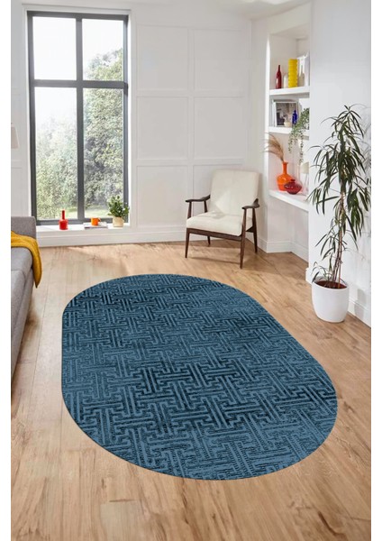Dijital Baskı Kaymaz Yıkanabilir Sade Düz Desen Oval Yolluk Mutfak Salon Halısı, O-Sade-38-Mavi,