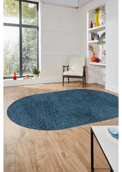 Dijital Baskı Kaymaz Yıkanabilir Sade Düz Desen Oval Yolluk Mutfak Salon Halısı, O-Sade-38-Mavi,