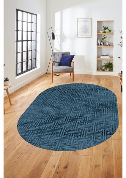 Dijital Baskı Kaymaz Yıkanabilir Sade Düz Desen Oval Yolluk Mutfak Salon Halısı, O-Sade-38-Mavi,