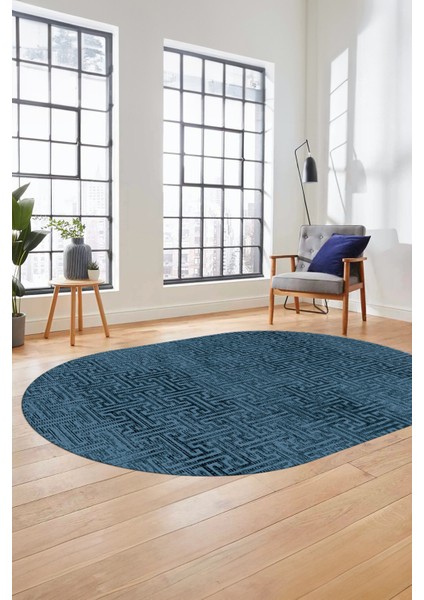 Dijital Baskı Kaymaz Yıkanabilir Sade Düz Desen Oval Yolluk Mutfak Salon Halısı, O-Sade-38-Mavi,