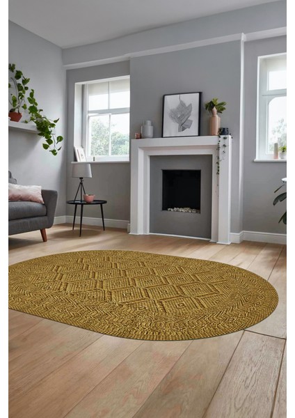 Baskılı Kaymaz Taban Yıkanabilir Sade Düz Desen Oval Yolluk Mutfak Salon Halısı, O-Sade-10-Kahve,