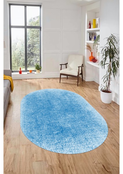 Dijital Baskı Kaymaz Yıkanabilir Sade Düz Renk Tasarım Oval Yolluk Salon Halısı, O-Sade-43-Mavi,