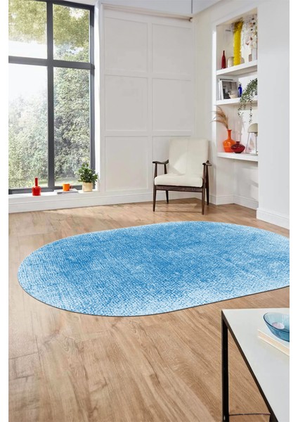 Dijital Baskı Kaymaz Yıkanabilir Sade Düz Renk Tasarım Oval Yolluk Salon Halısı, O-Sade-43-Mavi,