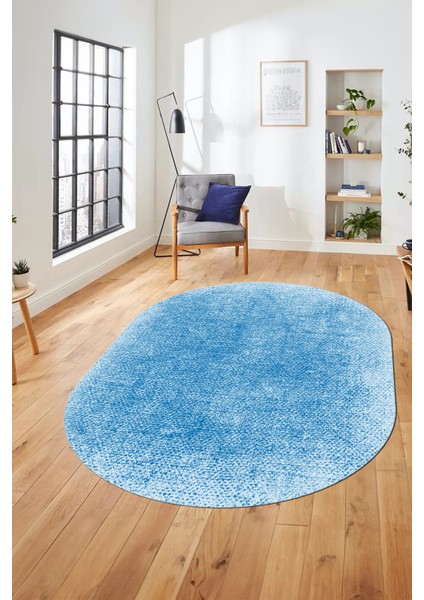 Dijital Baskı Kaymaz Yıkanabilir Sade Düz Renk Tasarım Oval Yolluk Salon Halısı, O-Sade-43-Mavi,